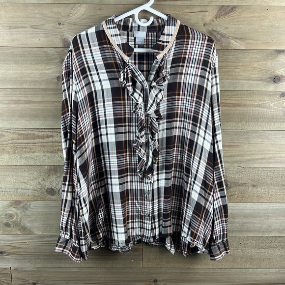 Chico's Tops - Chicos Womens Shirt Long‎ Sleeve Button Up Ruffle Plaid Academia Preppy 4 XXL